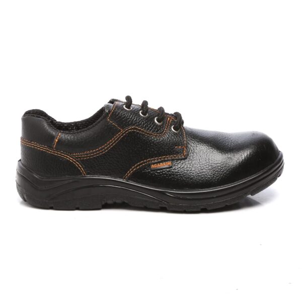 A single pic of 9015 Safety Shoe in black leather work shoes with orange stitching, black laces, and sturdy, non-slip rubber soles. These Agarson safety shoes feature reinforced toe caps and a padded collar for added comfort and protection.