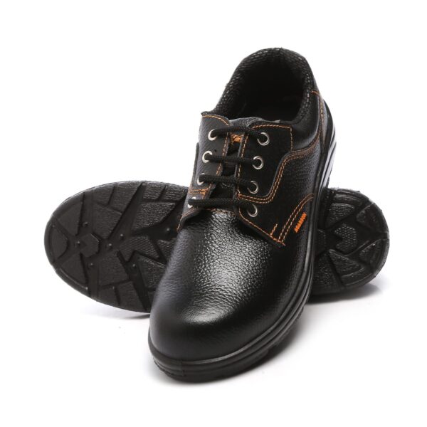 A pair of 9015 Safety A pair of 9015 Safety Shoe in black leather work shoes with orange stitching, black laces, and sturdy, non-slip rubber soles. These Agarson safety shoes feature reinforced toe caps and a padded collar for added comfort and protection.