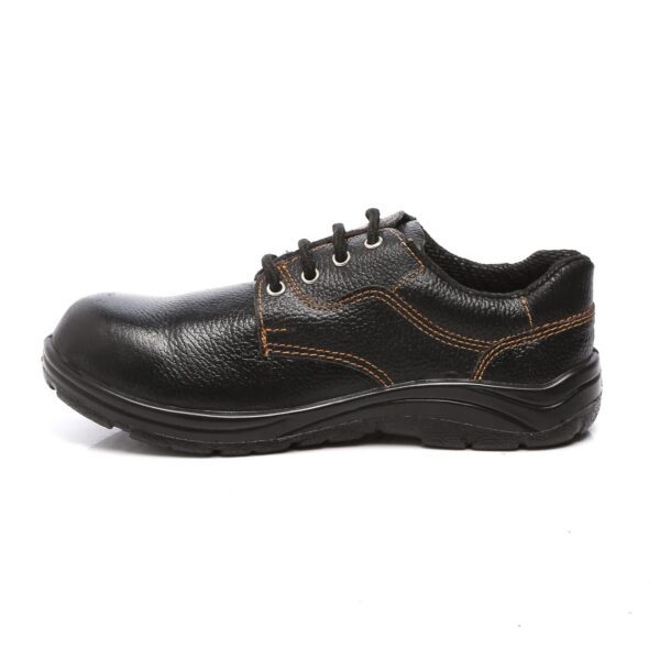 A Single pic of black leather work shoes with orange stitching, black laces, and sturdy, non-slip rubber soles. These Agarson safety shoes feature reinforced toe caps and a padded collar for added comfort and protection.