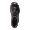 A single image of 9015 Safety Shoe in black leather work shoes with orange stitching, black laces, and sturdy, non-slip rubber soles. These Agarson safety shoes feature reinforced toe caps and a padded collar for added comfort and protection.