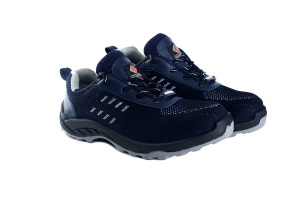 A pair of navy blue athletic A-007 Safety shoe from Agarson Safety Shoe, boasting black and gray soles and a mesh design with white stitch detailing and a logo on the tongue. These stylish shoes are displayed against a plain white background.