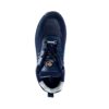 A Single Shoe in navy blue athletic A-007 Safety shoe from Agarson Safety Shoe, boasting black and gray soles and a mesh design with white stitch detailing and a logo on the tongue. These stylish shoes are displayed against a plain white background.