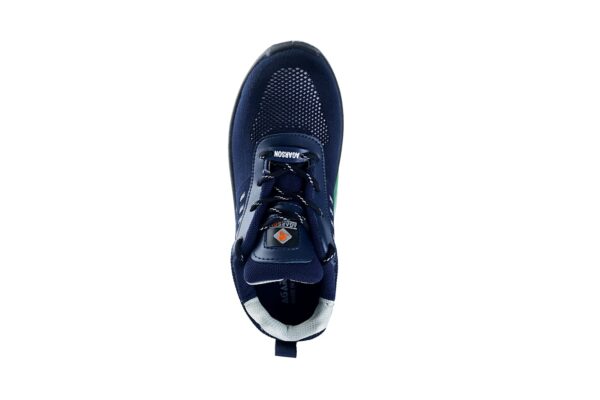 A Single Shoe in navy blue athletic A-007 Safety shoe from Agarson Safety Shoe, boasting black and gray soles and a mesh design with white stitch detailing and a logo on the tongue. These stylish shoes are displayed against a plain white background.