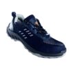 A Single Shoe in navy blue athletic A-007 Safety shoe from Agarson Safety Shoe, boasting black and gray soles and a mesh design with white stitch detailing and a logo on the tongue. These stylish shoes are displayed against a plain white background.