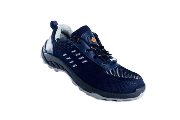 A Single Shoe in navy blue athletic A-007 Safety shoe from Agarson Safety Shoe, boasting black and gray soles and a mesh design with white stitch detailing and a logo on the tongue. These stylish shoes are displayed against a plain white background.