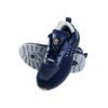 A pair of navy blue athletic A-007 Safety shoe from Agarson Safety Shoe, boasting black and gray soles and a mesh design with white stitch detailing and a logo on the tongue. These stylish shoes are displayed against a plain white background.