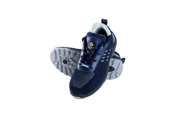 A pair of navy blue athletic A-007 Safety shoe from Agarson Safety Shoe, boasting black and gray soles and a mesh design with white stitch detailing and a logo on the tongue. These stylish shoes are displayed against a plain white background.