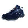 A Single Shoe in navy blue athletic A-007 Safety shoe from Agarson Safety Shoe, boasting black and gray soles and a mesh design with white stitch detailing and a logo on the tongue. These stylish shoes are displayed against a plain white background.