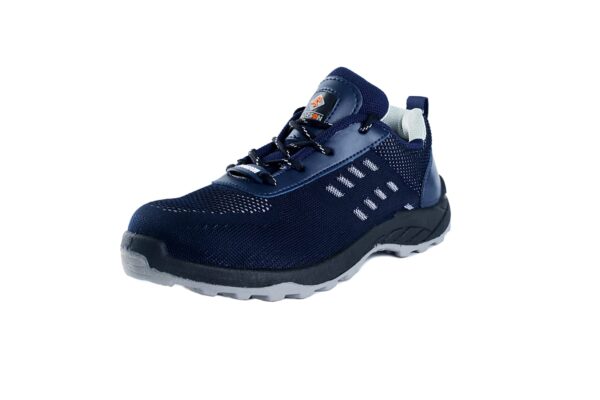 A Single Shoe in navy blue athletic A-007 Safety shoe from Agarson Safety Shoe, boasting black and gray soles and a mesh design with white stitch detailing and a logo on the tongue. These stylish shoes are displayed against a plain white background.