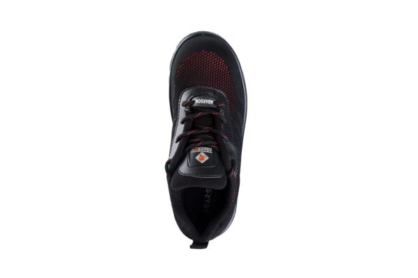 A single shoe of Appolo Safety Shoe in black athletic shoes with red accents from Agarson safety shoe. The shoes feature black laces with red eyelets, thick black soles, and a textured mesh fabric. A small logo graces the tongue of each shoe, and the entire pair is displayed against a plain white background.