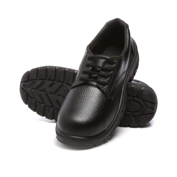 A pair of 'Appson' in black color, lace-up work shoes from Agarsonshoes with thick, rugged soles. The shoes have a textured leather upper and are designed to provide durability and support.