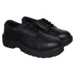 A pair of 'Appson' in black color, lace-up work shoes from Agarsonshoes with thick, rugged soles. The shoes have a textured leather upper and are designed to provide durability and support.