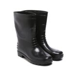 A pair of bahubali safety gumboot black rubber rain boots with a glossy finish. The boots have ridges on the lower shin area for added detail and sturdy soles for grip. They are standing upright side by side against a white background.