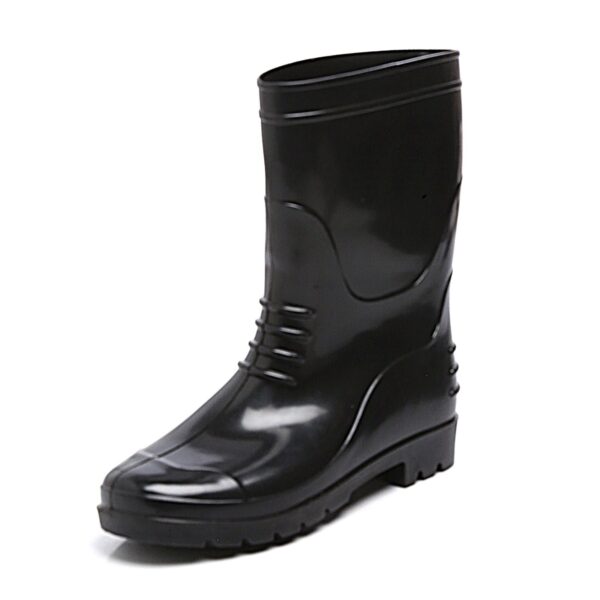 A single bahubali safety gumboot black rubber rain boots with a glossy finish. The boots have ridges on the lower shin area for added detail and sturdy soles for grip. They are standing upright side by side against a white background.