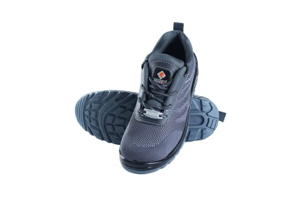 A pair of Blaze Safety shoe in gray color seems to hiking shoes from Agarson safety shoe are displayed against a white background. The shoes feature a mesh upper, sturdy rubber soles with deep treads for grip, and black laces. The brand logo is visible on the tongue of the shoe in the foreground.