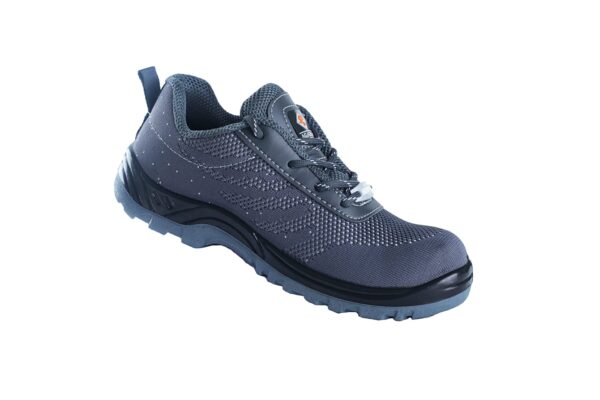 A single shoe of Blaze Safety shoe in gray color seems to hiking shoes from Agarson safety shoe are displayed against a white background. The shoes feature a mesh upper, sturdy rubber soles with deep treads for grip, and black laces. The brand logo is visible on the tongue of the shoe in the foreground.