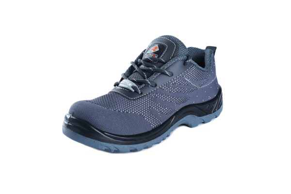 A single shoe of Blaze Safety shoe in gray color seems to hiking shoes from Agarson safety shoe are displayed against a white background. The shoes feature a mesh upper, sturdy rubber soles with deep treads for grip, and black laces. The brand logo is visible on the tongue of the shoe in the foreground.