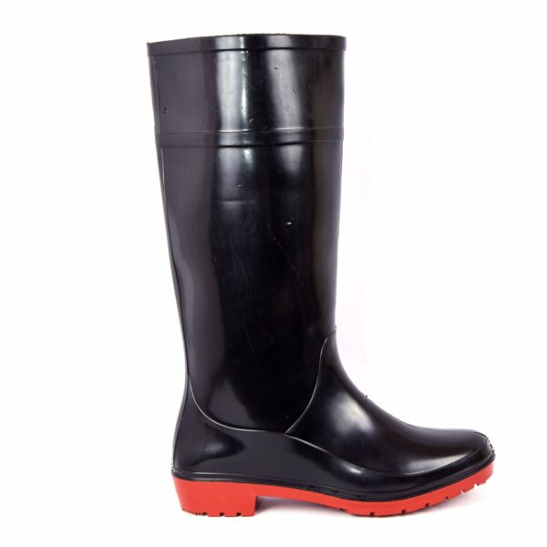 A Single boot of ceaser safety gumboot, Shiny black agarsongumboots with a sleek design, featuring a slightly ridged red sole and mid-calf height. The boots are standing upright side by side on a white background.