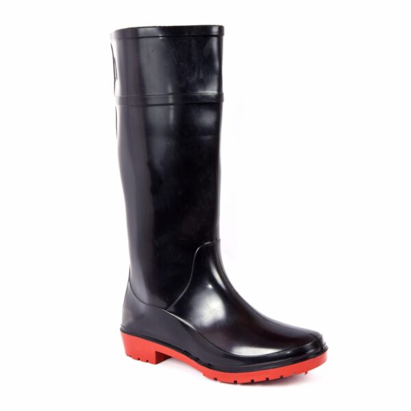 A Single boot of ceaser safety gumboot, Shiny black agarsongumboots with a sleek design, featuring a slightly ridged red sole and mid-calf height. The boots are standing upright side by side on a white background.