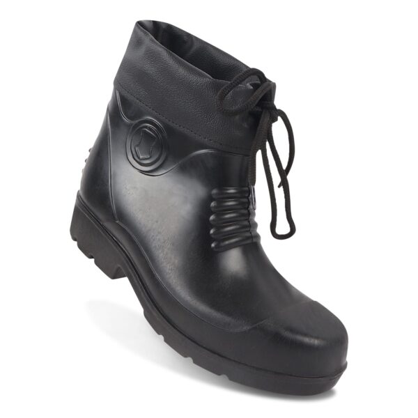 A single boot of black coller boot waterproof safetygumboot boots with laces, featuring a textured design and rugged soles. The boots have a logo on the side and appear sturdy, ideal for outdoor use.