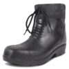 A single boot of black coller boot waterproof safetygumboot boots with laces, featuring a textured design and rugged soles. The boots have a logo on the side and appear sturdy, ideal for outdoor use.