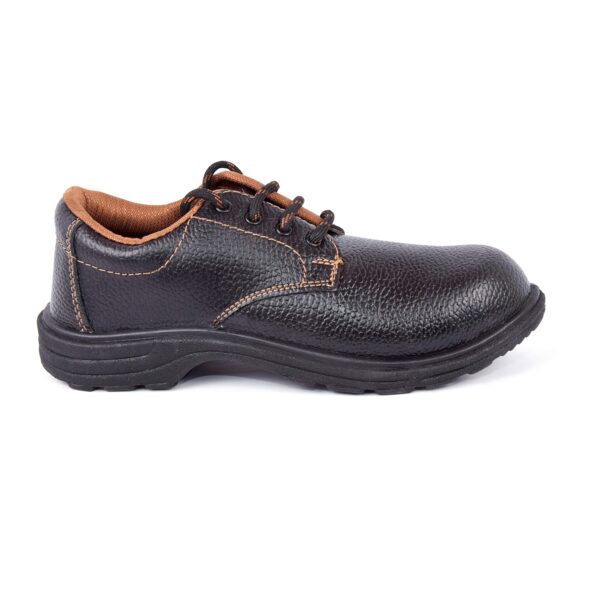 Agarson Safety Shoe of black leather safety shoes with brown interiors and sturdy soles. They feature laces for fastening and are designed for protection and comfort, embodying the reliability AgarsonShoes is known for. Set against a plain white background.