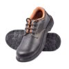 Agarson Safety Shoe a pair of black leather safety shoes with brown interiors and sturdy soles. They feature laces for fastening and are designed for protection and comfort, embodying the reliability AgarsonShoes is known for. Set against a plain white background.