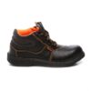 A pair of black Agarson crusher safety shoe with orange interior lining and accents on the laces and stitching. The shoes have a textured surface and thick soles, designed for durability and protection.