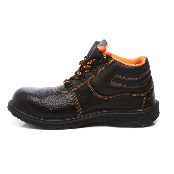 A pair of black Agarson crusher safety shoe with orange interior lining and accents on the laces and stitching. The shoes have a textured surface and thick soles, designed for durability and protection.