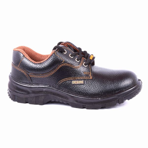 A single shoe of Desire Safety Shoe in black leather safetyshoes with orange accents, including stitching and a padded collar. The shoes feature sturdy, textured rubber soles, metal eyelets, and laces. There is a small tag with the word "DESIRE" on the side, showcasing Agarson Safety Shoe commitment to quality and protection.