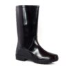 A Single boot of Dreamer safety gumboot. The shiny, black rubber safetygumboot rain boots with a simple design. The boots have a sturdy and flat sole with a modest tread pattern for grip. They reach mid-calf in height and are positioned side by side, with slight reflections visible on their surface.