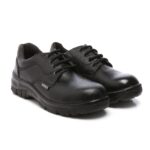 A pair of Ertiga Safety Footwear in black, leather lace-up work shoes with sturdy, textured soles. The shoes have a smooth finish and padded collars for added comfort. The brand name "Agarson" is visible on the side of the shoe, showcasing the reputable quality of AgarsonFootwear.