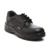 A single shoe of Ertiga Safety Footwear in black, leather lace-up work shoes with sturdy, textured soles. The shoes have a smooth finish and padded collars for added comfort. The brand name "Agarson" is visible on the side of the shoe, showcasing the reputable quality of Agarson Safety Shoe.