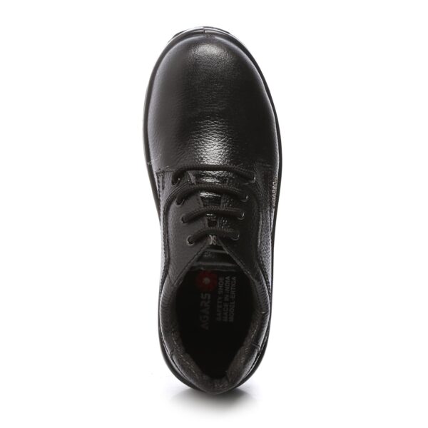 A single shoe of Ertiga Safety Footwear in black, leather lace-up work shoes with sturdy, textured soles. The shoes have a smooth finish and padded collars for added comfort. The brand name "Agarson" is visible on the side of the shoe, showcasing the reputable quality of Agarson Safety Shoe.