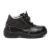 A single shoe of Innova safety footwear in black color. The work boots by Agarson Safety Shoe, featuring white stitching details, textured sides, and thick, rugged black soles. The boots have black and white checkered laces and are designed with a high ankle for added support. Perfect safety shoes for any demanding job.