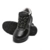 A pair of black work boots by AgarsonFootwear, featuring white stitching details, textured sides, and thick, rugged black soles. The boots have black and white checkered laces and are designed with a high ankle for added support. Perfect safety shoes for any demanding job.