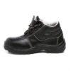 A single shoe of Innova safety footwear in black color. The work boots by Agarson Safety Shoe, featuring white stitching details, textured sides, and thick, rugged black soles. The boots have black and white checkered laces and are designed with a high ankle for added support. Perfect safety shoes for any demanding job.