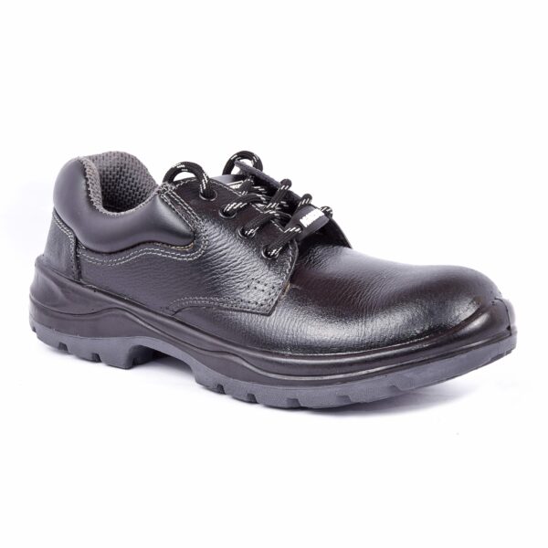 A single shoe in black jupiter safety shoe with sturdy, slip-resistant soles and lace-up closure, angled slightly to the right. The shoes appear rugged and durable, suitable for industrial or heavy-duty environments.