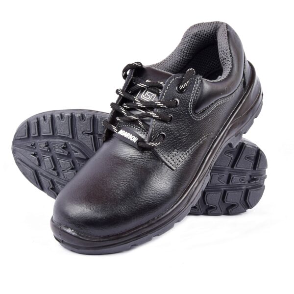 A pair of black jupiter safety shoe with sturdy, slip-resistant soles and lace-up closure, angled slightly to the right. The shoes appear rugged and durable, suitable for industrial or heavy-duty environments.