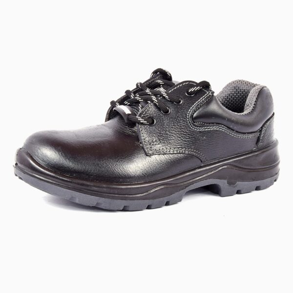 A single shoe in black jupiter safety shoe with sturdy, slip-resistant soles and lace-up closure, angled slightly to the right. The shoes appear rugged and durable, suitable for industrial or heavy-duty environments.