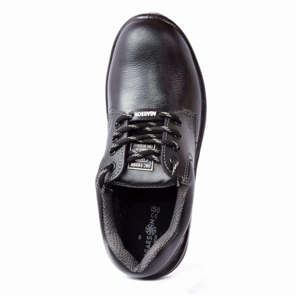 A single shoe in black jupiter safety shoe with sturdy, slip-resistant soles and lace-up closure, angled slightly to the right. The shoes appear rugged and durable, suitable for industrial or heavy-duty environments.