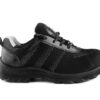 A black athletic Nexon Safety Footwear from Agarson Safety Shoe with a knit mesh upper and synthetic overlays, featuring a lace-up design and a cushioned sole with a rugged tread pattern. The interior has a gray fabric lining, and there are small reflective details near the heel and sides.