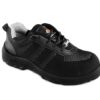 A black athletic Nexon Safety Footwear from Agarson Safety Shoe with a knit mesh upper and synthetic overlays, featuring a lace-up design and a cushioned sole with a rugged tread pattern. The interior has a gray fabric lining, and there are small reflective details near the heel and sides.