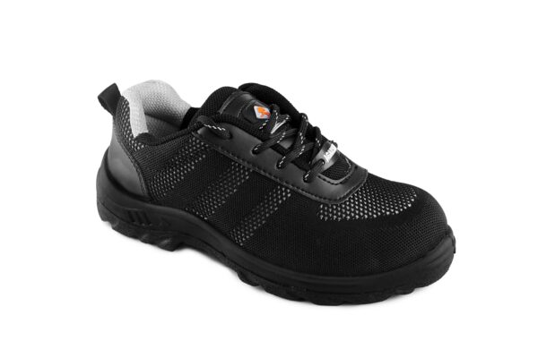 A black athletic Nexon Safety Footwear from Agarson Safety Shoe with a knit mesh upper and synthetic overlays, featuring a lace-up design and a cushioned sole with a rugged tread pattern. The interior has a gray fabric lining, and there are small reflective details near the heel and sides.