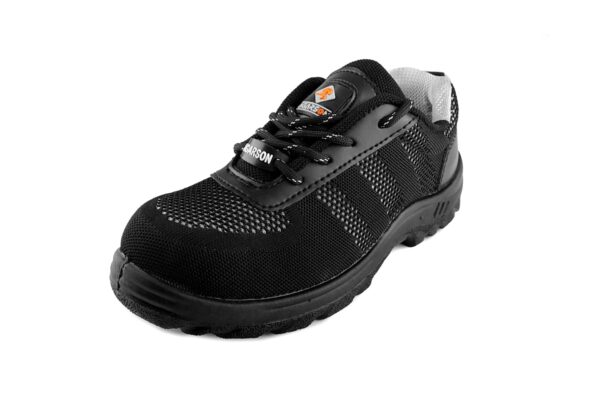 A black athletic shoe from AgarsonFootwear with a knit mesh upper and synthetic overlays, featuring a lace-up design and a cushioned sole with a rugged tread pattern. The interior has a gray fabric lining, and there are small reflective details near the heel and sides.