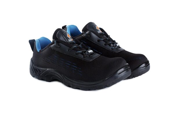 A pair of black and blue athletic Nikko Safety shoe by Agarson Safety Shoe features textured soles and reinforced toes, set against a plain white background. These sleek safety shoes have subtle stitching details and black laces, perfectly blending style with functionality.