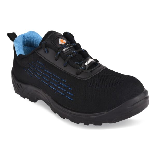 A Single Shoe of black and blue athletic Nikko Safety shoe by Agarson Safety Shoe features textured soles and reinforced toes, set against a plain white background. These sleek safety shoes have subtle stitching details and black laces, perfectly blending style with functionality.