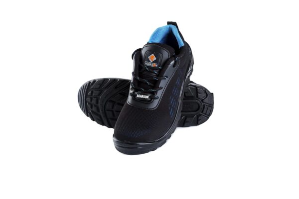 A pair of black and blue athletic Nikko Safety shoe by Agarson Safety Shoe features textured soles and reinforced toes, set against a plain white background. These sleek safety shoes have subtle stitching details and black laces, perfectly blending style with functionality.