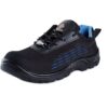 A Single Shoe of black and blue athletic Nikko Safety shoe by Agarson Safety Shoe features textured soles and reinforced toes, set against a plain white background. These sleek safety shoes have subtle stitching details and black laces, perfectly blending style with functionality.