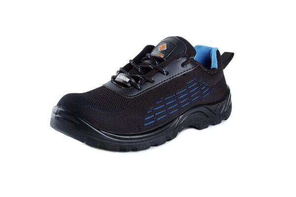 A Single Shoe of black and blue athletic Nikko Safety shoe by Agarson Safety Shoe features textured soles and reinforced toes, set against a plain white background. These sleek safety shoes have subtle stitching details and black laces, perfectly blending style with functionality.